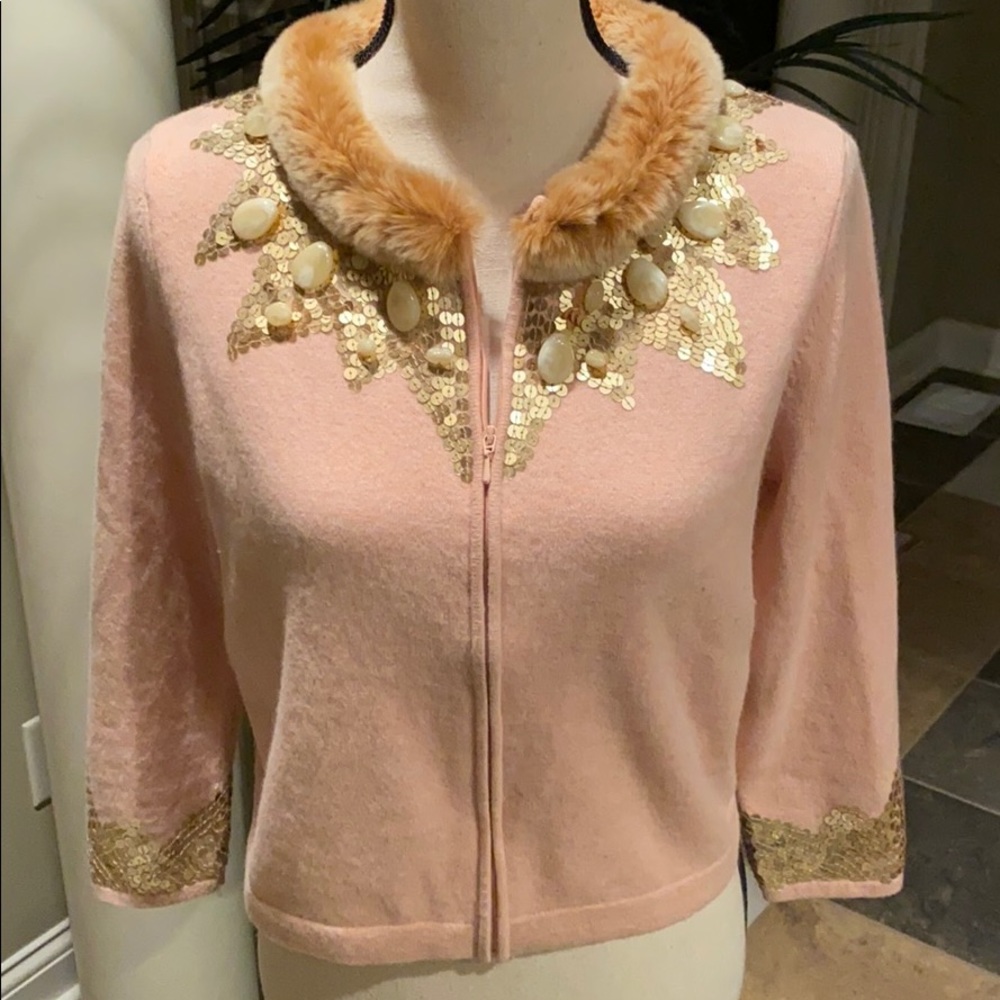 Beautiful sweater w/ sheared rabbit &  fur sequins